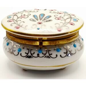 Vintage Footed Raised Enamel Oval Porcelain Trinket Jewelry Box White Pink Blue